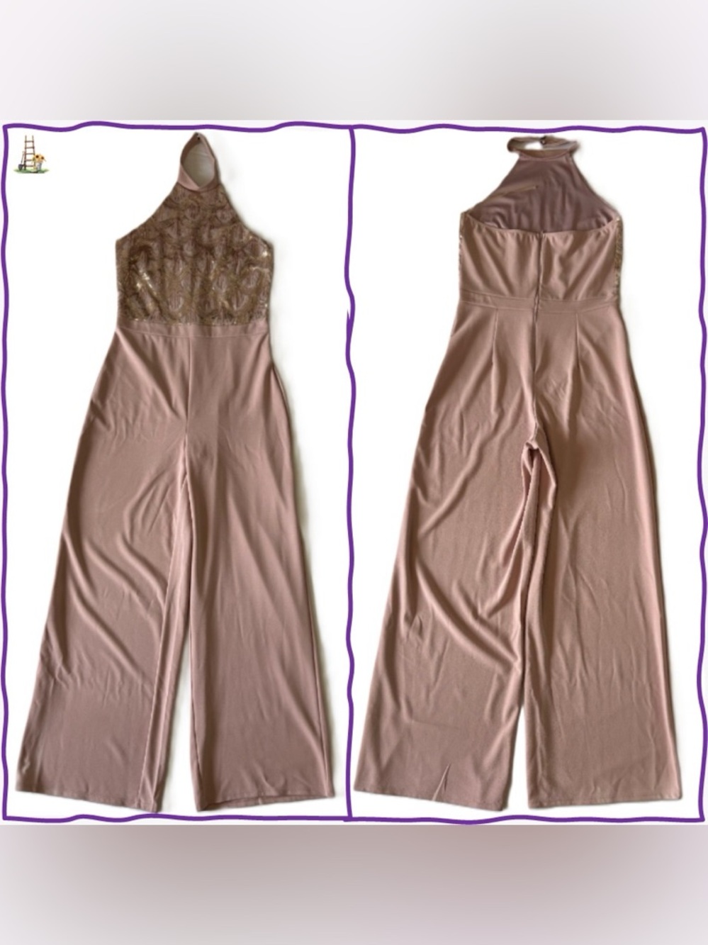 Blue S Dusty Rose Bodice Halter Neck Jumpsuit